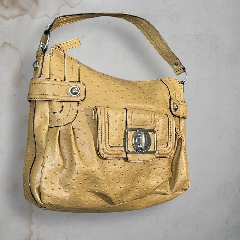 GUESS Enchanted Faux Ostrich Leather Tan and Silver Hobo Bag